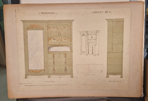 Lot 464 - A collection of six ink and watercolour Art Nouveau furniture designs for the Owen Jones Furniture Competition, circa 1900