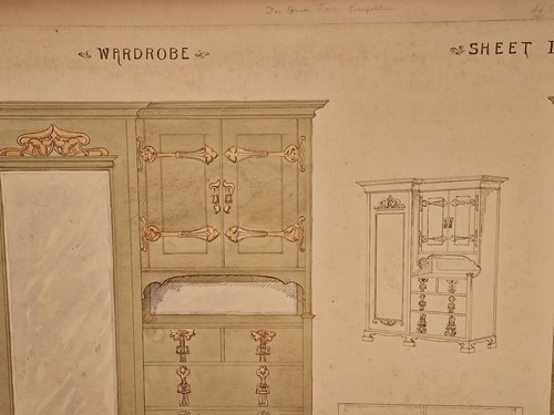 Lot 464 - A collection of six ink and watercolour Art Nouveau furniture designs for the Owen Jones Furniture Competition, circa 1900