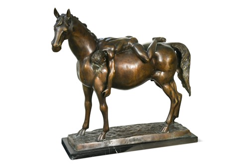 Lot 578 - Lüdez, 20th century, a bronze study of a stallion with a nude male on his back