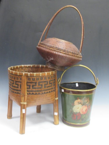 Lot 103 - A painted bucket together with two wicker...