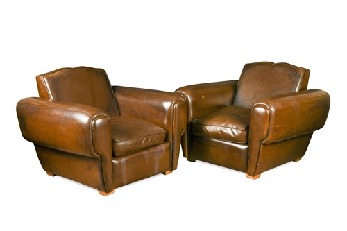 Lot 318 - A pair of Art Deco style brown leather club armchairs, modern