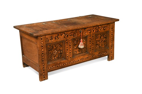 Lot 349 - An inlaid oak coffer, early 18th century