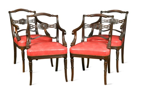 Lot 497 - A set of four Regency style mahogany elbow chairs, late 19th century