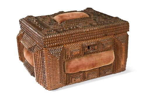 Lot 393 - A tramp art chip carved box or casket, late 19th century