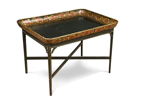 Lot 539 - A black and gilt papier mache tray top table, 19th century