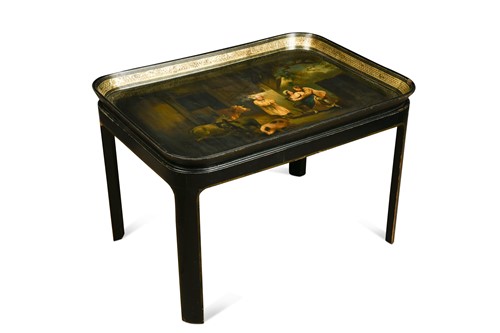 Lot 540 - A papier mache black and gilt tray top table, 19th century