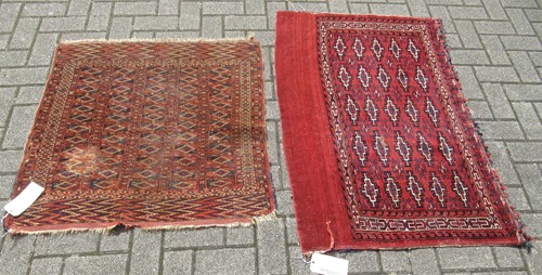 Lot 460 - A Turkmen Hatchli rug 89 x 88cm and a saddle...