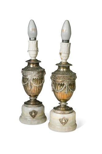 Lot 384 - A matched pair of silver and alabaster mounted urns