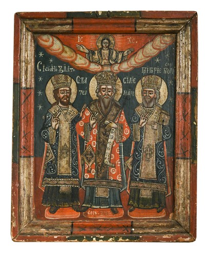 Lot 328 - A Russian Icon of the three Holy Hierarchs, 19th century