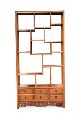 Lot 630 - A Chinese elm open bookcase, 20th century