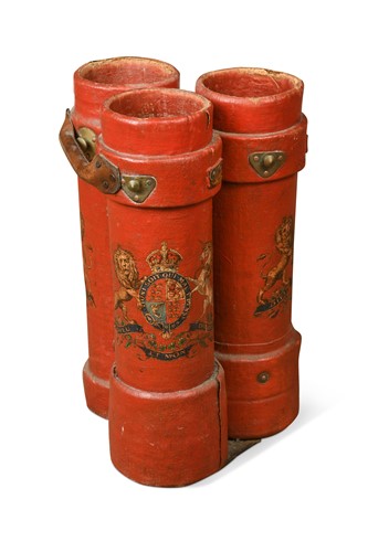 Lot 618 - A red leather three section shot carrier, early 20th century