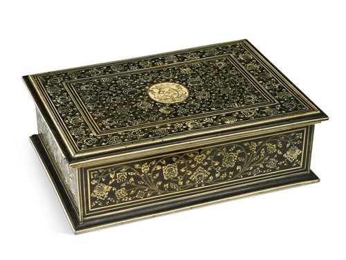 Lot 555 - An Indo Colonial ebony and ivory inlaid games box, probably Vizagapatam circa 1800