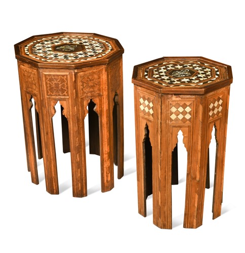 Lot 552 - A near pair of Moorish cedar wood occasional tables, Syrian, late 19th century