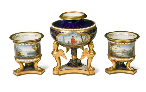 Lot 472 - A pair of Flight Barr & Barr Worcester porcelain named view tripod urns, circa 1825