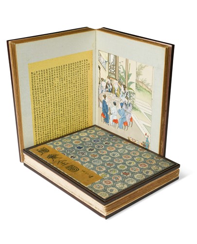 Lot 48 - Two Chinese illustrated books, woven silk and huali wood covers, Qing Dynasty, 19th century