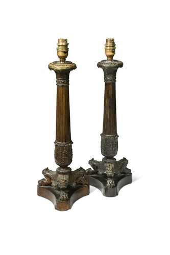 Lot 456 - A pair of bronzed triform column table lamps, modern