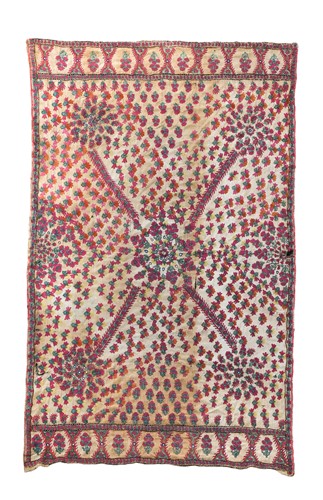 Lot 90 - An Indian florally embroidered and mirror applied panel or bed cover, 19th century