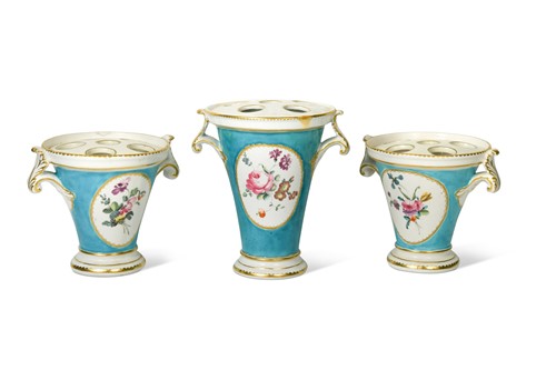 Lot 378 - A garniture of Chelsea two-handled pot pourri vases and covers, circa 1765