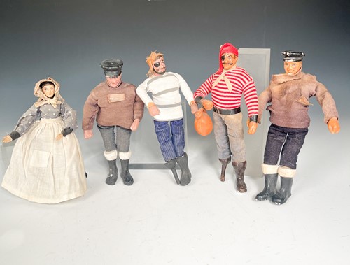 Lot 111 - Five Cornish Shallowpool type character dolls, circa 1950s