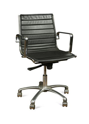Lot 366 - In the manner of Charles and Ray Eames, an aluminium and black leather swivel desk chair