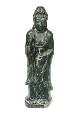 Lot 23 - A large Chinese spinach jade carved standing figure of Guanyin