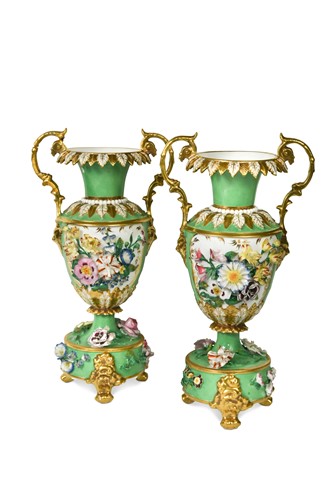 Lot 599 - A pair of Derby porcelain two-handled green ground vases, circa 1850