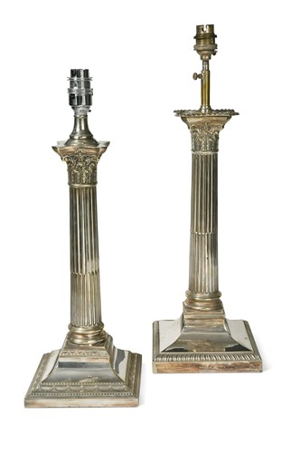 Lot 487 - Two similar electroplate column table lamps, 20th century