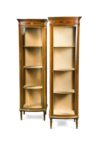 Lot 842 - A pair of Edwardian mahogany painted and inlaid narrow cabinets