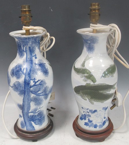 Lot 46 - Pair modern ceramic lamps in green and blue...