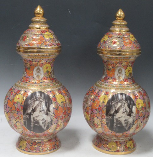 Lot 29A - A pair of Thai Bencharong commemorative lidded...