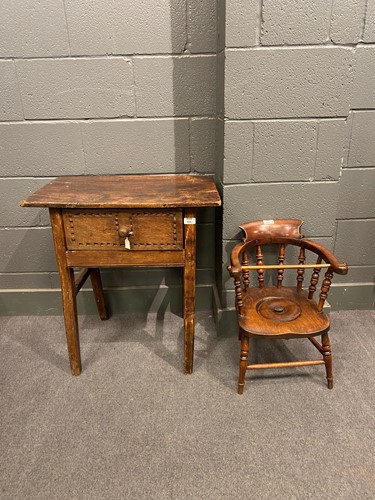 Lot 604 - An oak and fruitwood side table with single...