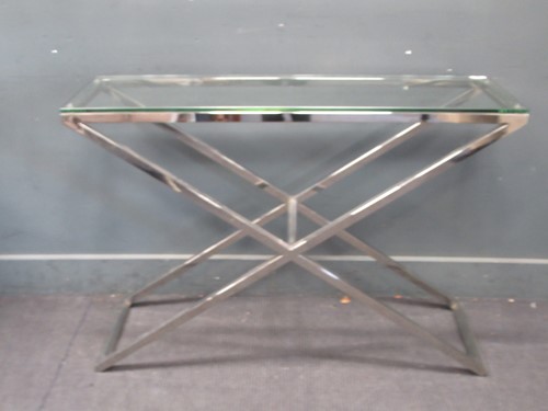 Lot 805 - Rectangular glass and chrome console table...