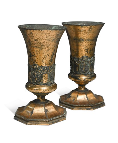 Lot 149 - A pair of Arts & Crafts gilt metal vases by J. Wippell & Co. Ltd., Exeter & London