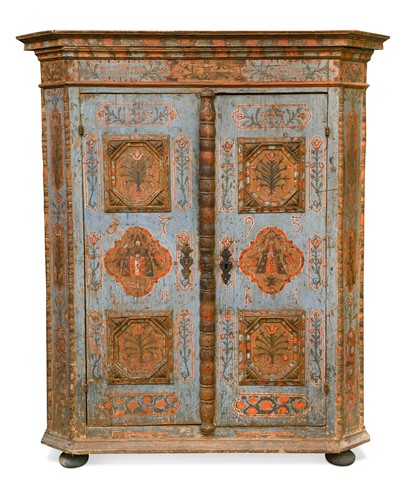 Lot 315 - A Tyrolean painted pine 'Bauernschrank' wardrobe, 18th century