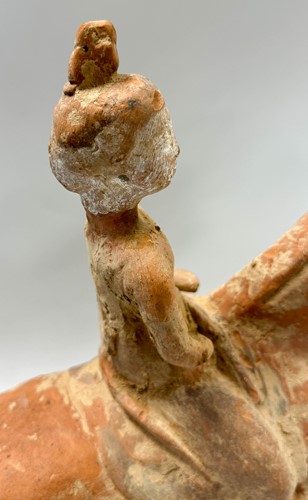 Lot 5 - Two Chinese terracotta horses with female riders, Tang Dynasty or later