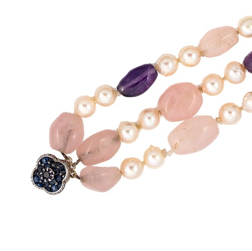 Lot 25 - A cultured pearl, amethyst and rose quartz necklace