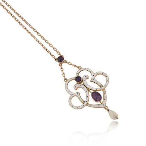 Lot 31 - Liberty & Co - An amethyst, pearl and enamelled pendant necklace