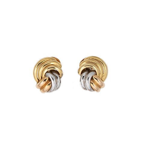 Lot 14 - A pair of three colour knot style ear studs