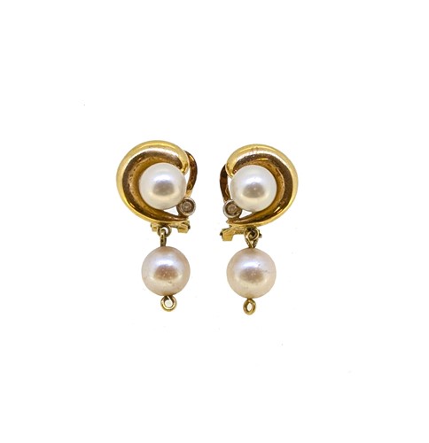 Lot 41 - A pair of cultured pearl and diamond ear pendants