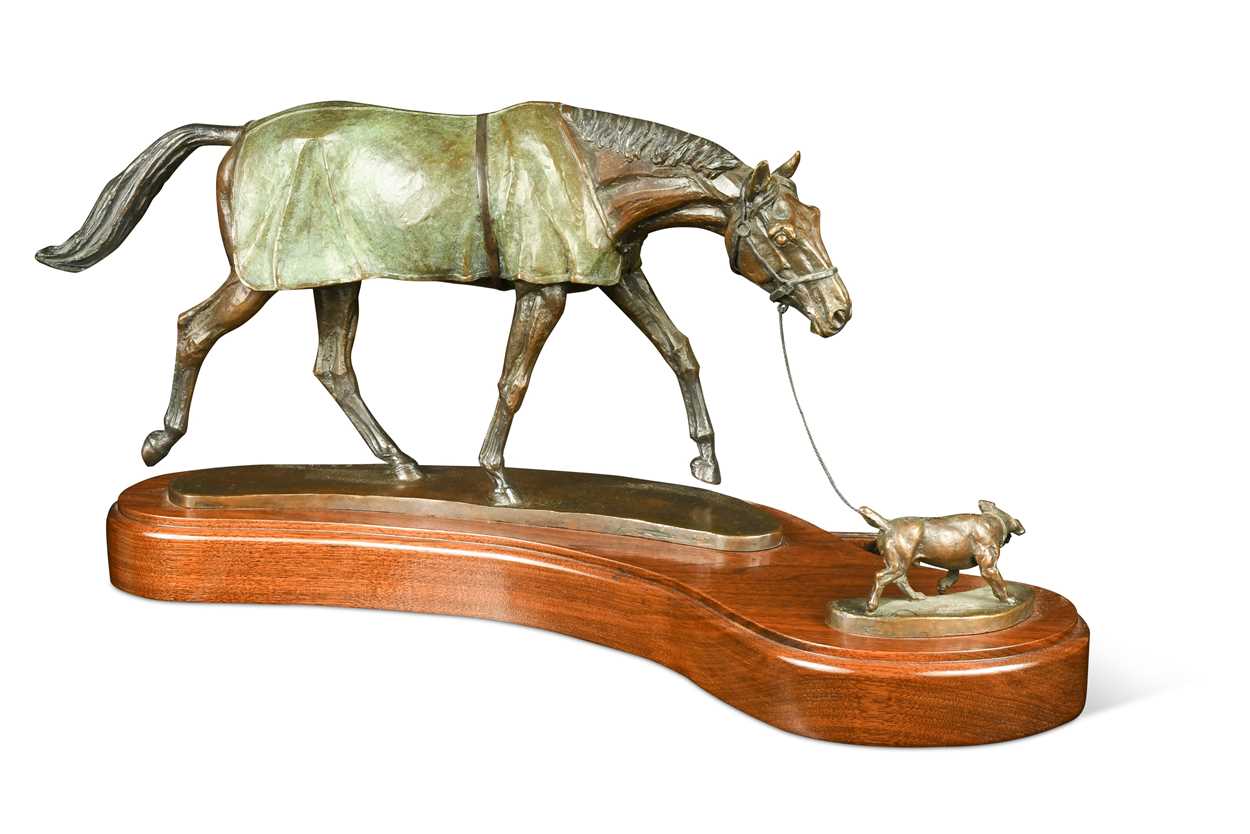 Lot 614 - Kathleen Friedenberg (contemporary), a bronze model of a stallion being led by a terrier, 1988