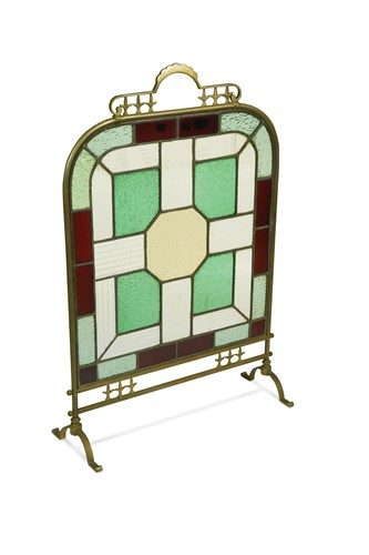 Lot 358 - A brass and stained glass fire screen 82 x 55...
