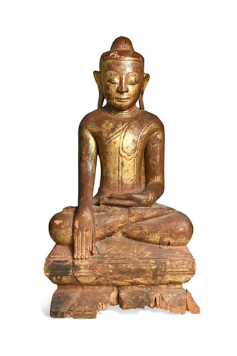 Lot 57 - A Burmese carved, gilded and red lacquered wood Mandalay Buddha, 19th century