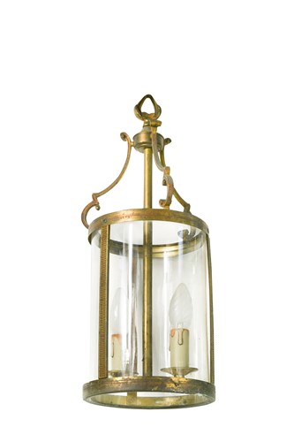 Lot 539 - A near pair of cylindrical brass hall lanterns, early 20th century