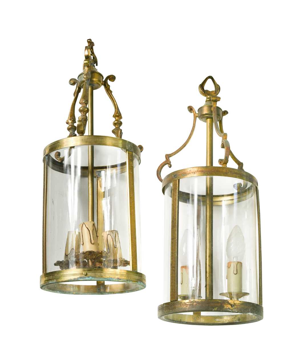 Lot 539 - A near pair of cylindrical brass hall lanterns, early 20th century