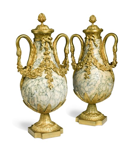 Lot 541 - A pair of Louis XVI style marble and ormolu mounted urns, 19th century