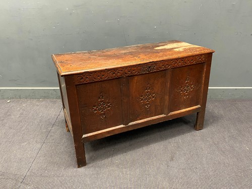 Lot 338 - An early 18th century oak coffer chest, later...