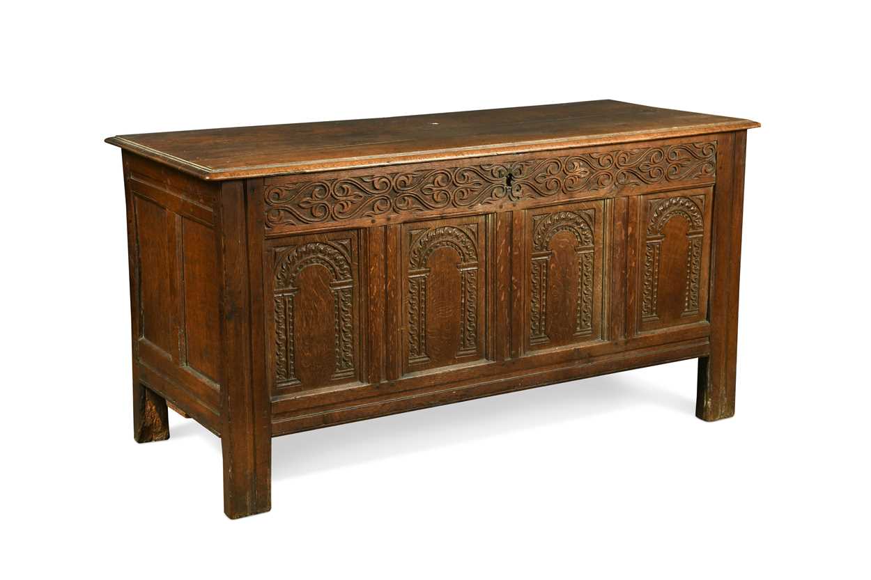 Lot 288 - A carved oak coffer, 18th century