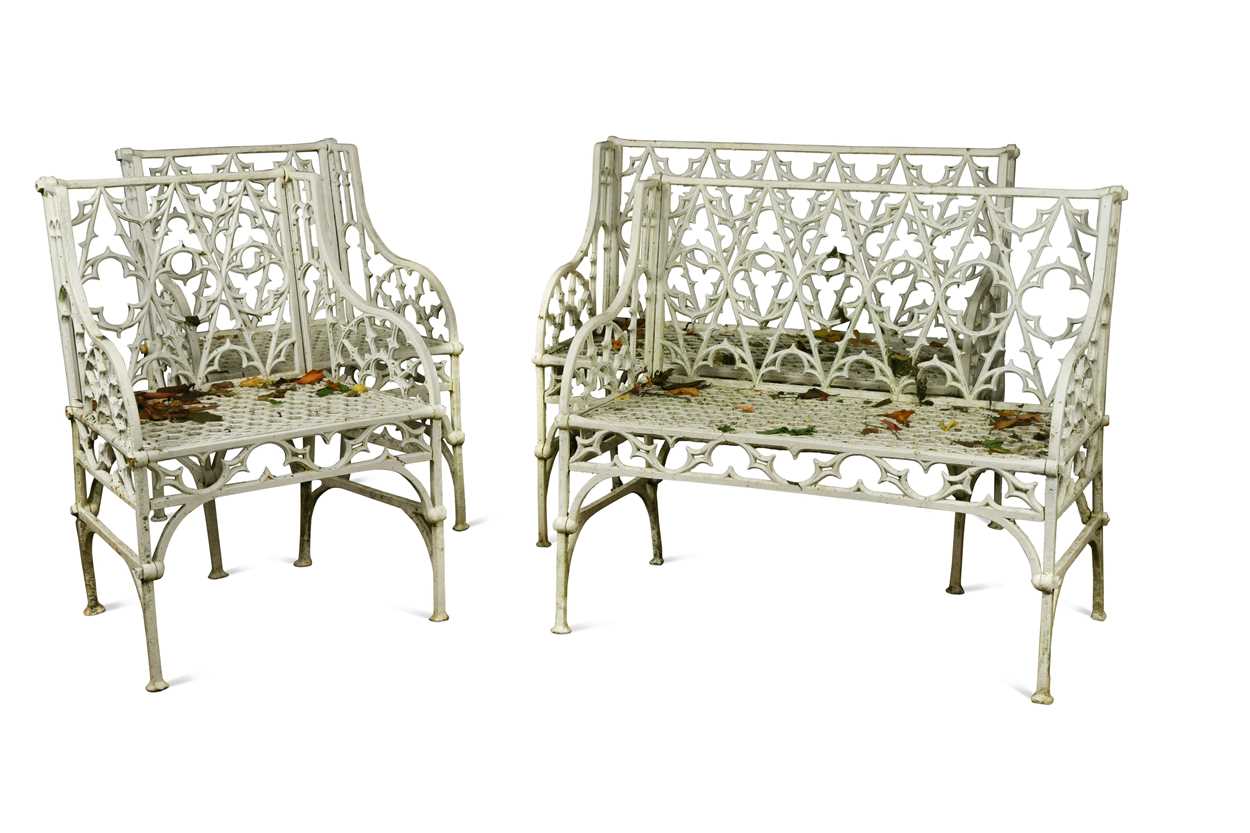 Lot 628 - A pair of cast iron garden seats together with a pair of garden chairs, 20th century