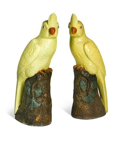 Lot 13 - A pair of Chinese yellow porcelain cockatoos, 20th century