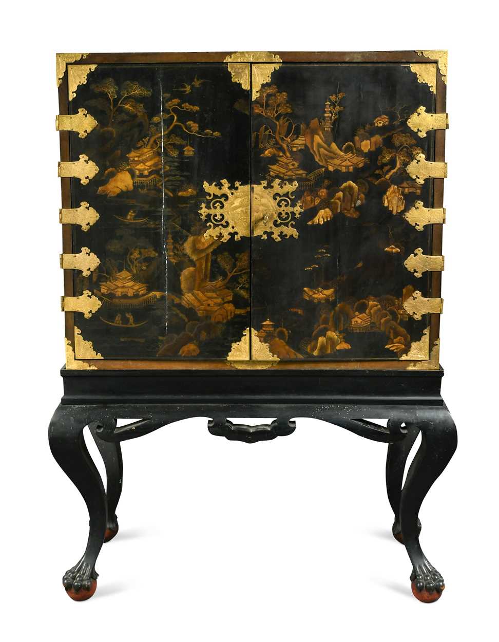 Lot 472 - A Chinoiserie black and gilt lacquered cabinet on stand, 19th century